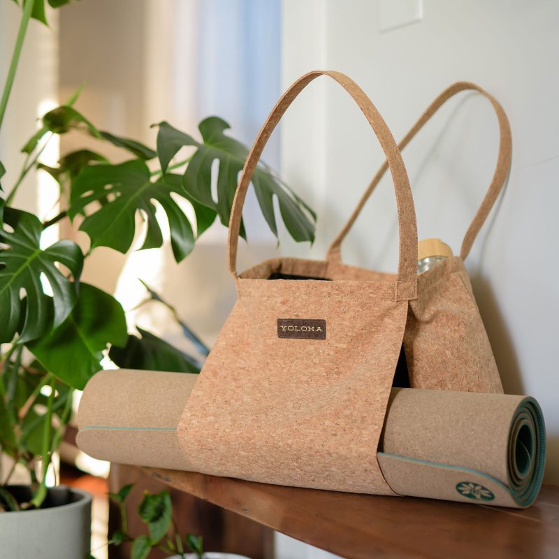 cork tote bag with yoga mat